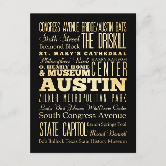 Austin City of Texas State Typography Art Briefkaart (Voorkant)