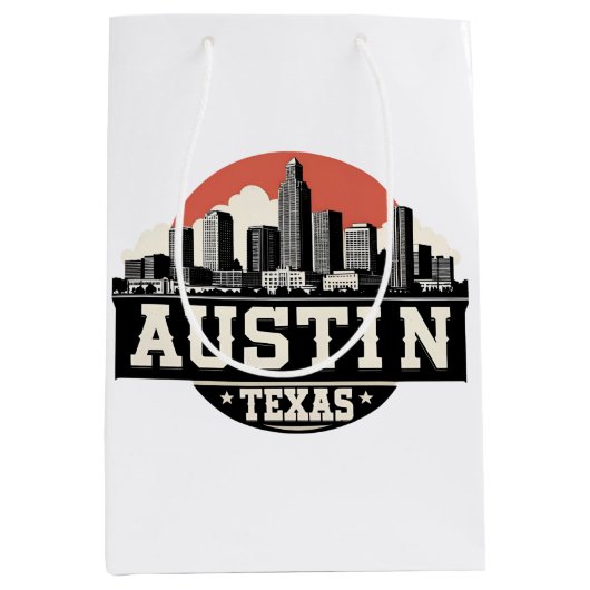Austin City Texas Skyline Retro Black & White Art Medium Cadeauzakje (Voorkant)