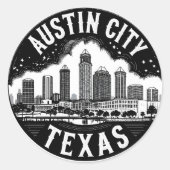 Austin City Texas Skyline Retro Zwart-wit kunst Ronde Sticker (Voorkant)