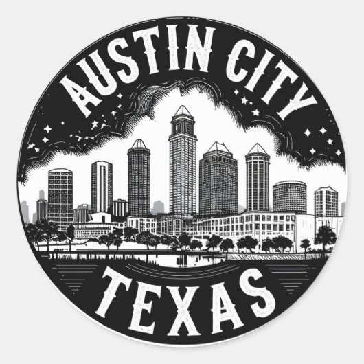 Austin City Texas Skyline Retro Zwart-wit kunst Ronde Sticker (Voorkant)