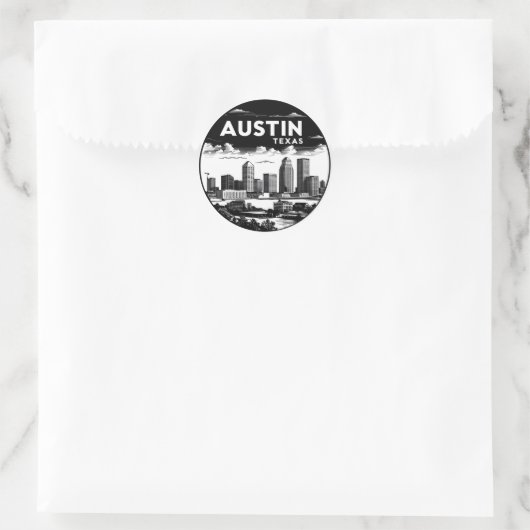 Austin City Texas Skyline Retro Zwart-wit kunst Ronde Sticker (Tas)