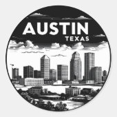 Austin City Texas Skyline Retro Zwart-wit kunst Ronde Sticker (Voorkant)