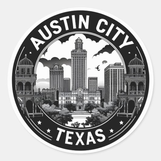 Austin City Texas Skyline Retro Zwart-wit kunst Ronde Sticker (Voorkant)