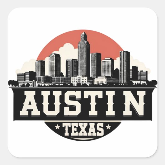 Austin City Texas Skyline Retro Zwart-wit kunst Vierkante Sticker (Voorkant)