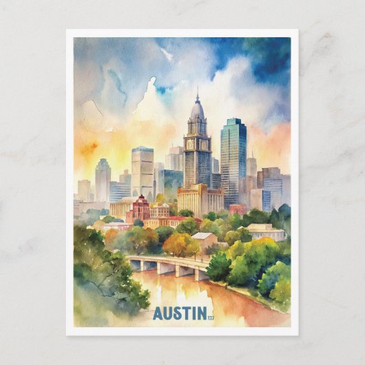 Austin City Waterverf schilderij Briefkaart (Voorkant)