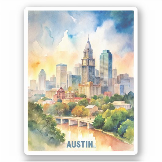Austin City Waterverf schilderij Sticker (Voorkant)
