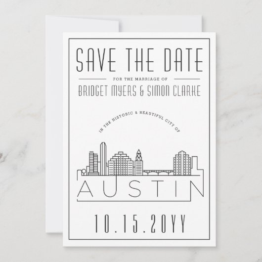 Austin Huwelijk | Stijlvolle Skyline Save-the-Date Kaart (Voorkant)