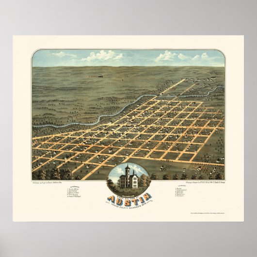Austin, MN Panorama Map - 1870 Poster (Voorkant)