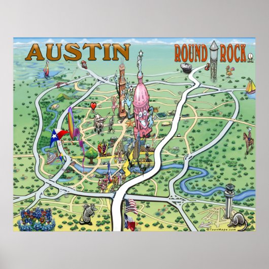 Austin Round Rock, Texas Fun Map Poster (Voorkant)