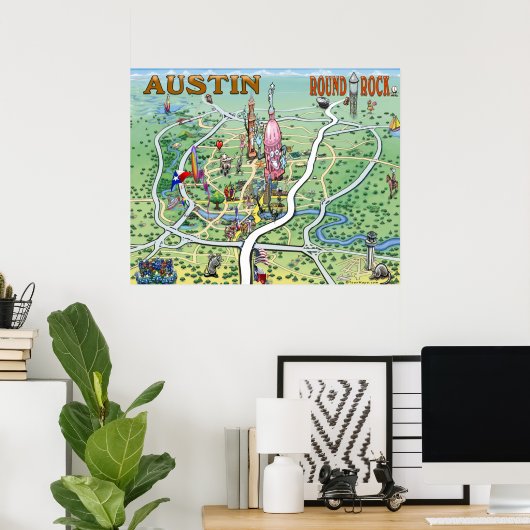 Austin Round Rock, Texas Fun Map Poster (Thuiskantoor)