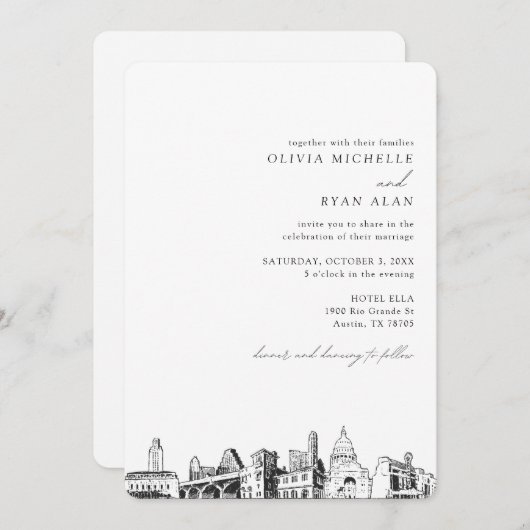 Austin Skyline Destination Wedding Invitation Kaart (Voorkant / Achterkant)
