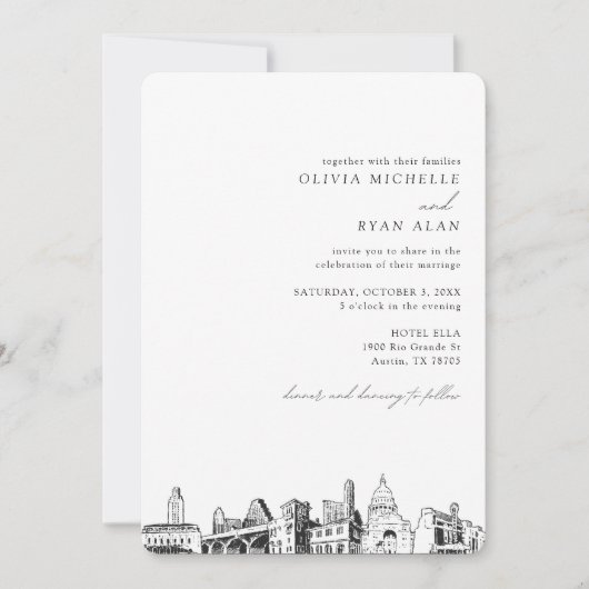 Austin Skyline Destination Wedding Invitation Kaart (Voorkant)