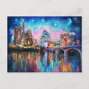 Austin Skyline in de nacht van de cityscape Kunstc Briefkaart