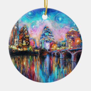 Austin Skyline in de nacht van de cityscape Kunstc Keramisch Ornament