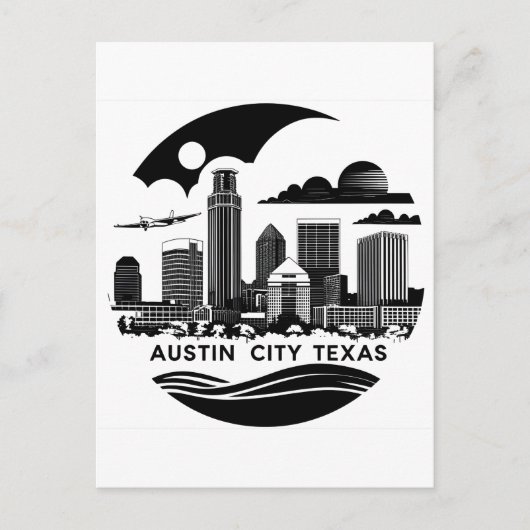 Austin Stad Texas Silhouette Retro Zwart & Wit Kun Briefkaart (Voorkant)