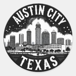 Austin Stad Texas Silhouette Retro Zwart & Wit Kun Ronde Sticker