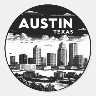 Austin Stad Texas Silhouette Retro Zwart & Wit Kun Ronde Sticker