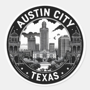 Austin Stad Texas Silhouette Retro Zwart & Wit Kun Ronde Sticker