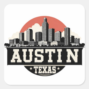 Austin Stad Texas Silhouette Retro Zwart & Wit Kun Vierkante Sticker