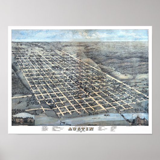 Austin, Texas Antiek Luchtfoto Stadsplattegrond va Poster (Voorkant)