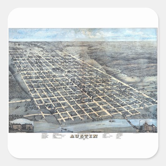 Austin, Texas Antiek Luchtfoto Stadsplattegrond va Vierkante Sticker (Voorkant)