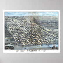 Austin, Texas Antieke Luchtkaart van 1873