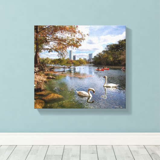 Austin, Texas Barton Creek/Ladybird Lake Skyline Canvas Afdruk (Insitu (Houten vloer))