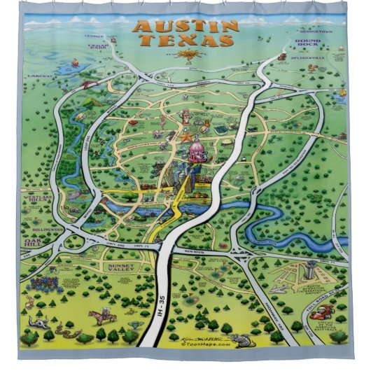 Austin Texas Cartoon Kaart Douchegordijn (Voorkant)