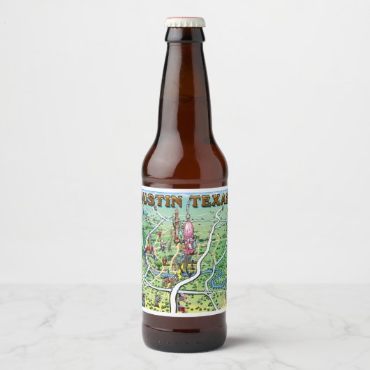 Austin Texas Cartoon Map Bier Etiket (Voorkant)