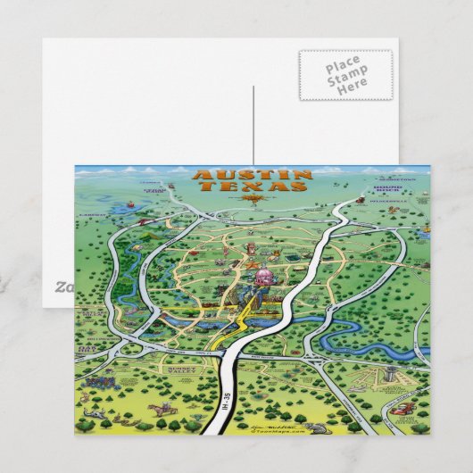 Austin Texas Cartoon Map Briefkaart (Voorkant / Achterkant)