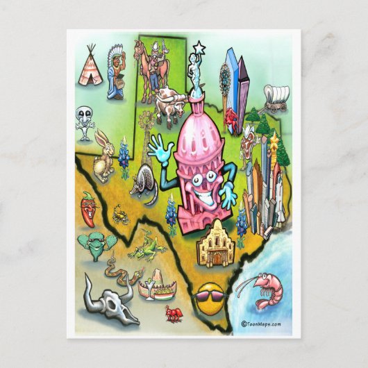 Austin Texas Cartoon Map Briefkaart (Voorkant)