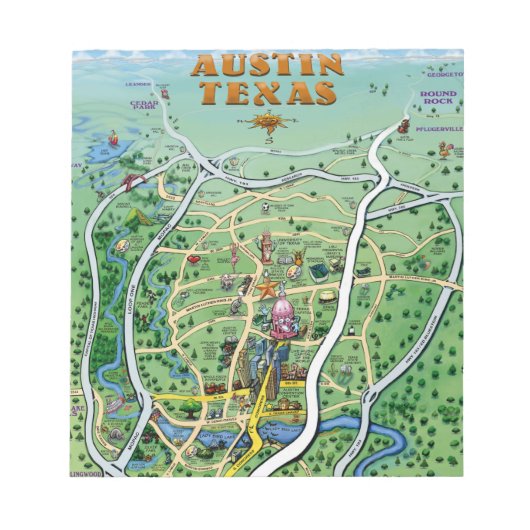 Austin Texas Cartoon Map Notitieblok (Voorkant)