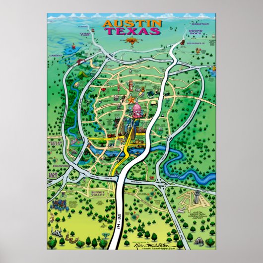Austin Texas Cartoon Map Poster (Voorkant)