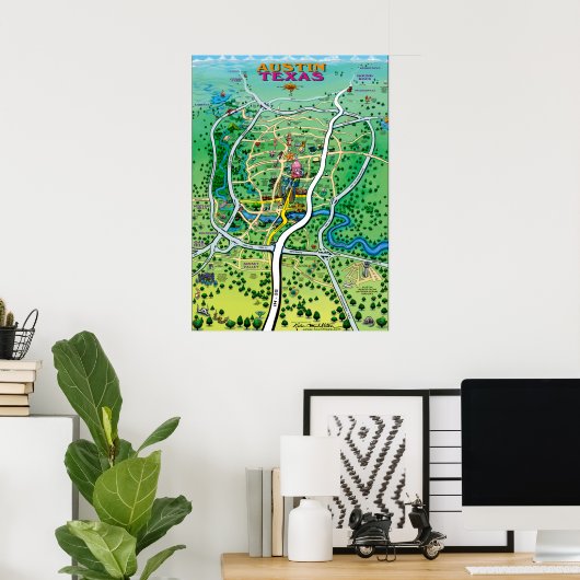 Austin Texas Cartoon Map Poster (Thuiskantoor)