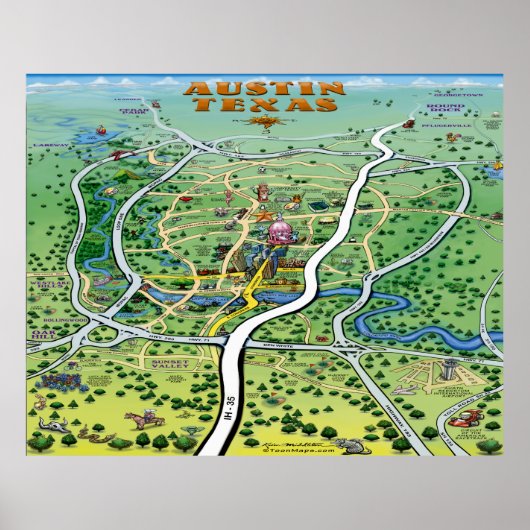 Austin Texas Cartoon Map Poster (Voorkant)