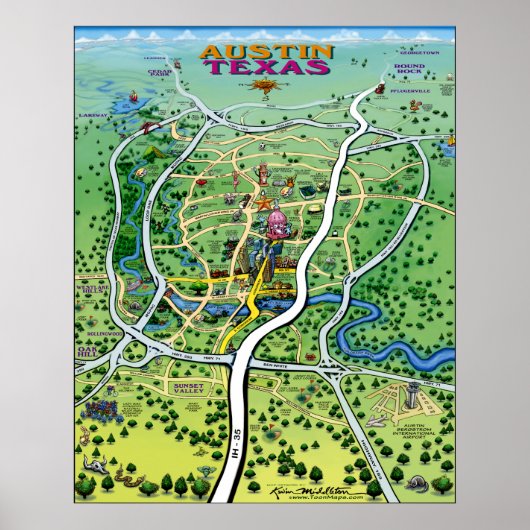 Austin Texas Cartoon Map Poster (Voorkant)