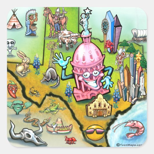 Austin Texas Cartoon Map Vierkante Sticker (Voorkant)