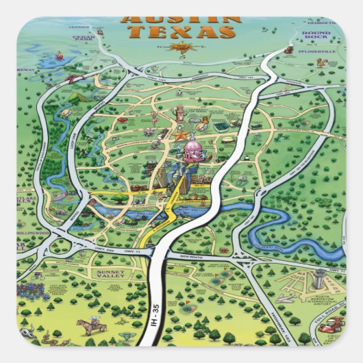 Austin Texas Cartoon Map Vierkante Sticker (Voorkant)