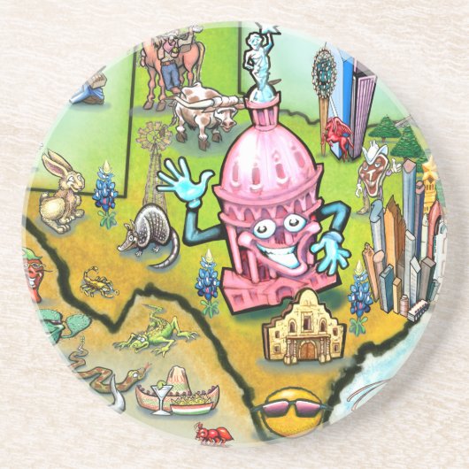 Austin Texas Cartoon Map Zandsteen Onderzetter (Voorkant)