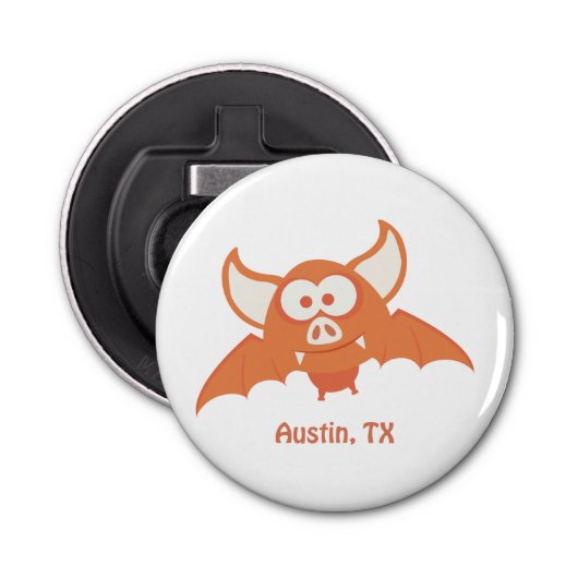 Austin Texas Cartoon Oranje Bat Button Flesopener (Voorkant)