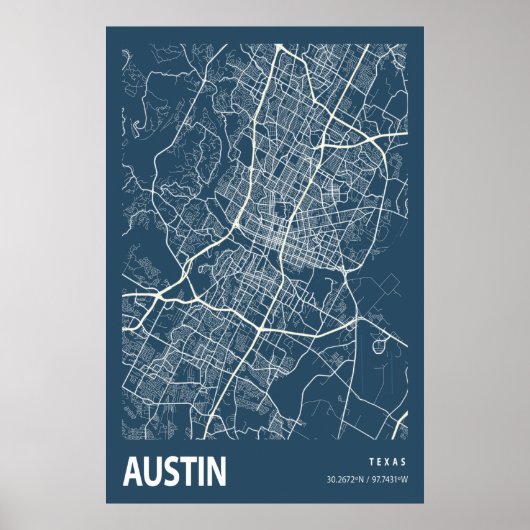 Austin Texas City Map Line Art Blue Print (Voorkant)
