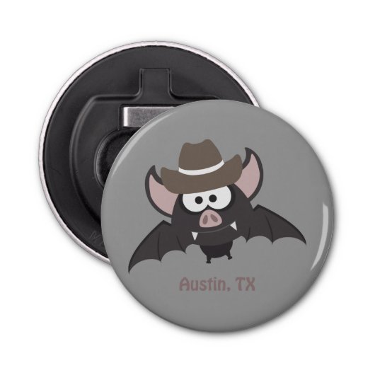 Austin Texas Cute Cartoon Cowboy Bat Button Flesopener (Voorkant)