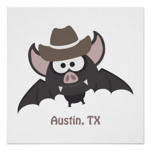 Austin Texas Cute Cartoon Cowboy Bat Perfect Poster