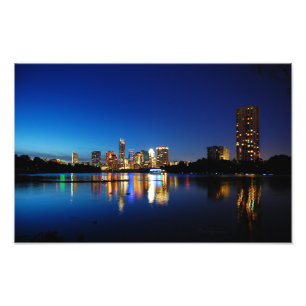 Austin Texas Downtown Night Skyline Ladybird Lake Foto Afdruk