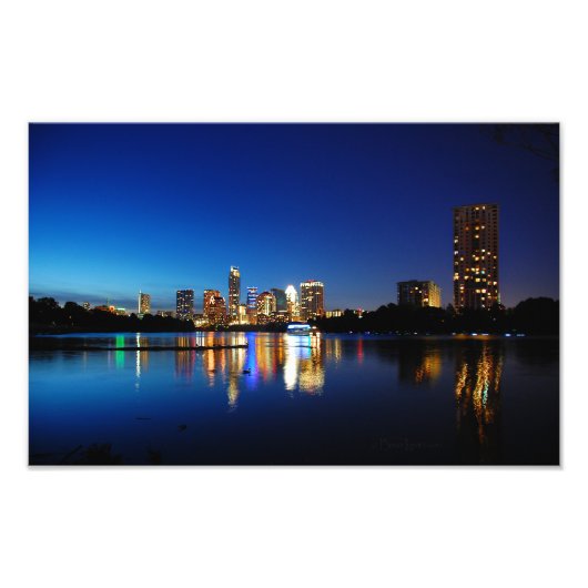 Austin Texas Downtown Night Skyline Ladybird Lake Foto Afdruk (Voorkant)