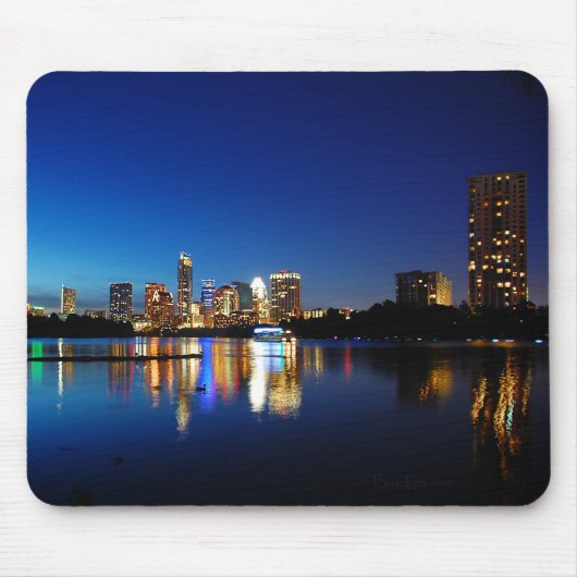 Austin Texas Downtown Night Skyline Ladybird Lake Muismat (Voorkant)