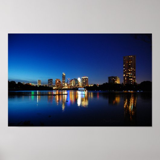 Austin Texas Downtown Night Skyline Ladybird Lake Poster (Voorkant)