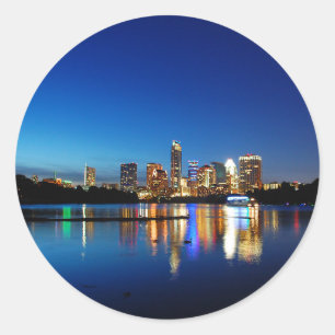 Austin Texas Downtown Night Skyline Ladybird Lake Ronde Sticker