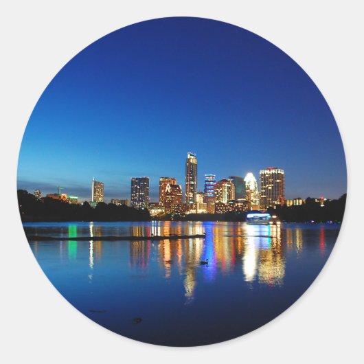 Austin Texas Downtown Night Skyline Ladybird Lake Ronde Sticker (Voorkant)