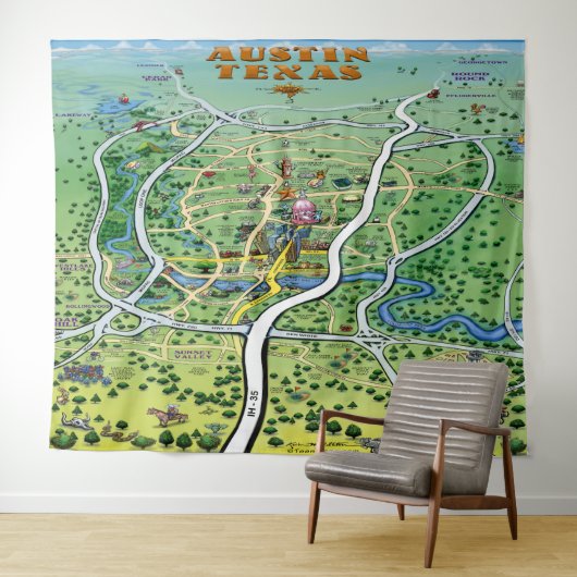 Austin Texas Fun Map Tapestry Wandkleed (In Situ (horizontaal))